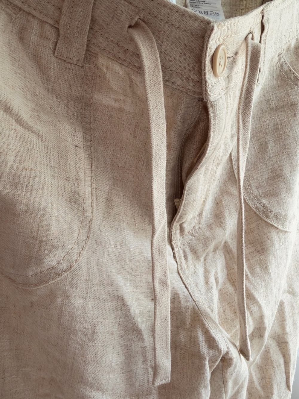 Divided Beige Drawstring Linen-Blend Chinos - Picture 2 of 6